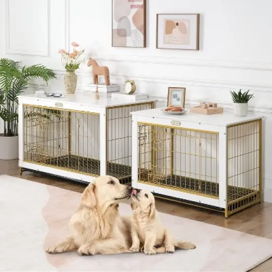 Dog Crate Indoor Furniture, 38.6 inches, Double Door Wooden Cage with Pull-Out Tray, Suitable for Large/Medium/Small Dogs, White image {7}