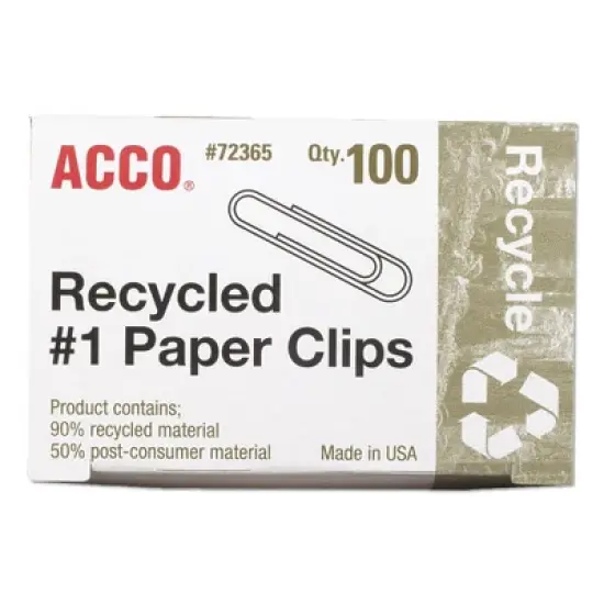 ACCO Recycled Paper Clips, #1, Smooth, Silver, 100 Clips/Box, 10 Boxes/Pack image {1}