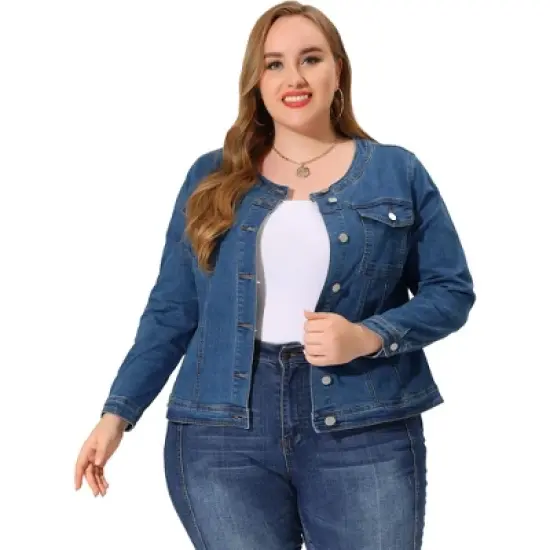 Agnes Orinda Women's Plus Size Jean Jacket Long Sleeves Collarless Denim Jacket image {7}