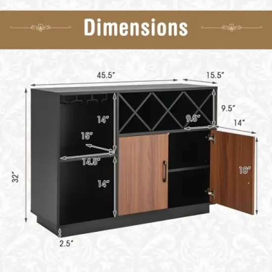 Costway Industrial Wine Bar Cabinet Sideboard Buffet with Glass Holder &  Adjustable Shelf image {2}