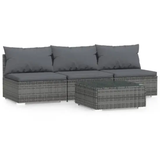 vidaXL 4-Piece Patio Furniture Set with Cushions; Gray Poly Rattan Material, Ideal for Outdoor or Indoor Use, Weatherproof and Easy to Move image {10}