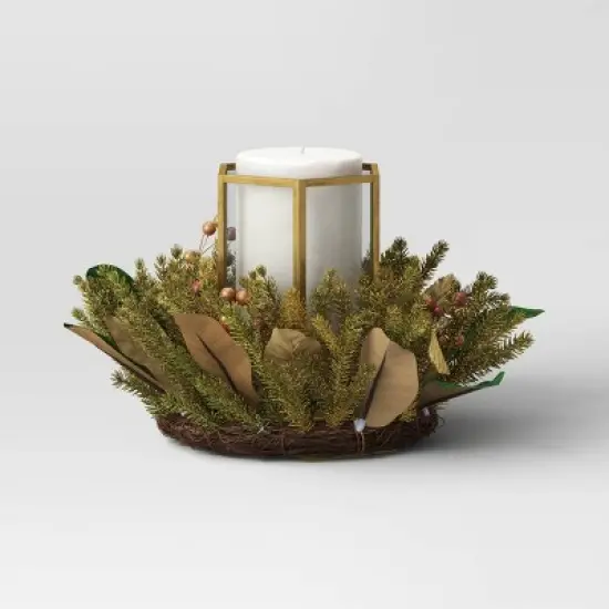 9" Hexagonal Pillar Glass Christmas Candle Holder with Mixed Faux Greenery - Wondershop&trade; image {2}