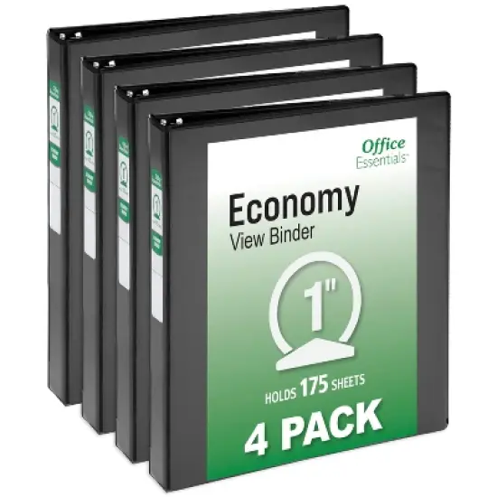 Office Essentials Economy View 3 Ring Binders, 1" Round Rings, 1.4" Spine, 175-Sheet Capacity, Black Binders (4-Pack of 03127) image {7}