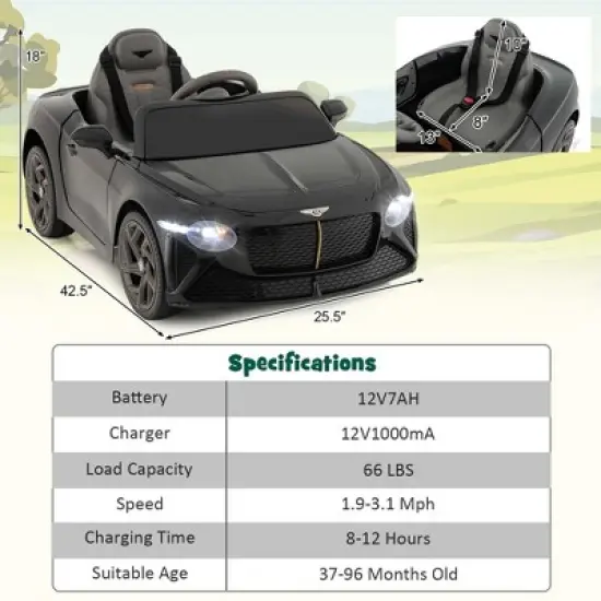 Costway 12V Licensed Bentley Bacalar Kids Electric Ride-on Car with Remote Control Green/Red/White/Black image {2}