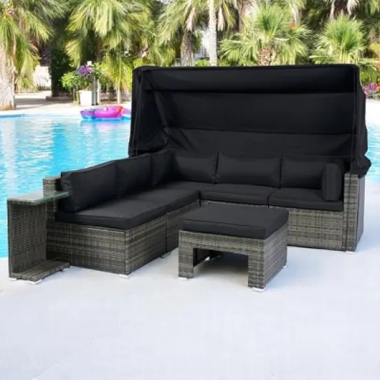 7-Piece Outdoor Patio Furniture Set with Retractable Canopy,Wicker Rattan Sectional Sofa with Washable Cushions for Lawn,Garden, Backyard, or Poolside image {6}