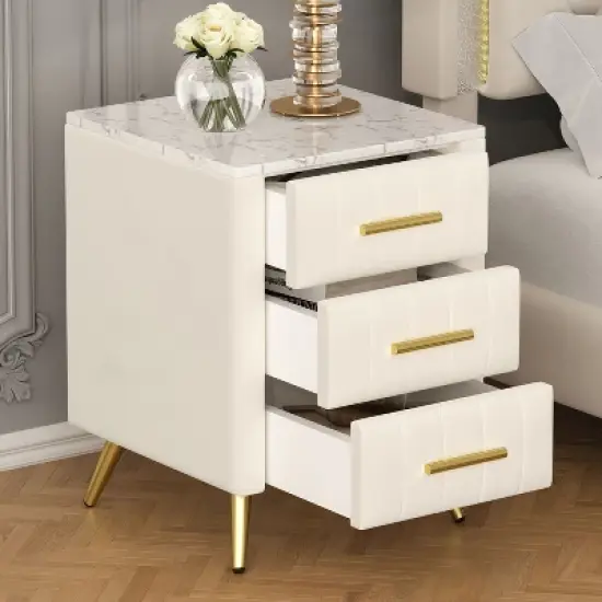 PAGED Upholstered Night Stand Modern Wooden Nightstand with 3 Storage Drawers and Marble Stickers Tabletop for Bedroom image {1}