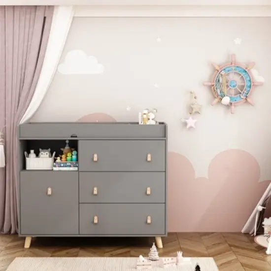 Famapy Baby Changing Table With leather Pulls Large Worktop Three Drawers Rich Storage Space Storage Cabinet image {10}
