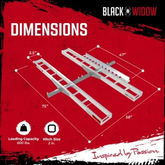 Black Widow Double Motorcycle Bike Hitch Carrier with Loading Ramp, 600 Lbs Capacity, Metallic - Heavy-Duty Aluminum Hauler and Platform for image {2}