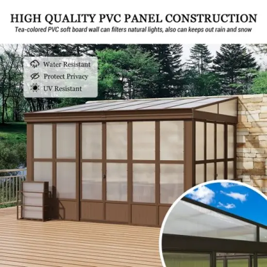 Mondawe 10x12FT Lean to Sunroom Wall Mounted Solarium with Sloping Polycarbonate Roof, Detachable Screens and 2 Lockable Sliding Doors image {3}
