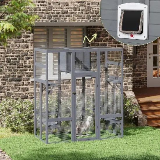 Sandinrayli Extra Large Cat Catio - 4-Way Pet Door, Outdoor Wood Insulation Condo, Patio Window Attach w/Weatherproof PVC Cover (Gray) image {8}