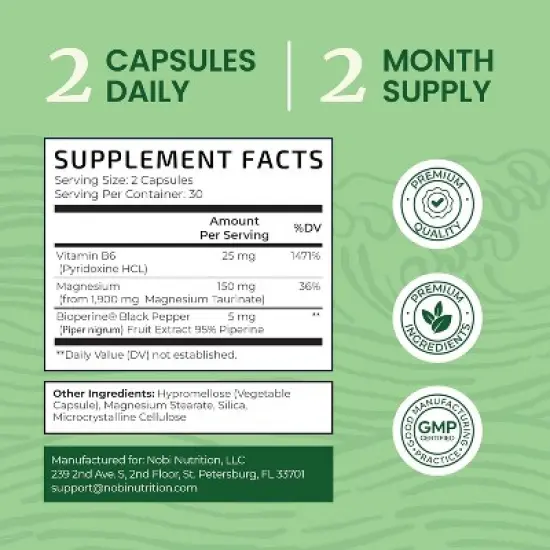 High Absorption Magnesium Taurate Capsules, 1900MG Mag Taurate with Vitamin B6 Supplement for Heart Health & Relaxation Support, Nobi Nutrition, 60ct image {2}