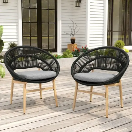 Christopher Knight Home Cliff Papasan-Style Rattan & Iron Patio Dining Chair with Faux Wood Finish (Set of 2) image {1}