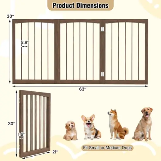 Costway 30&rdquo; Tall Pet Gate Wooden Dog Fence w/180&deg; Rotation 3-Panel Room Divider Barrier for Doorway Hallway Stairs Brown image {2}