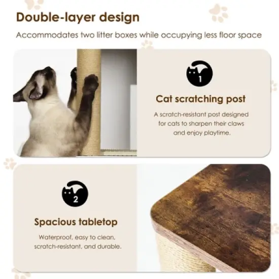 Cat Litter Box Enclosure with Double Room for 2 Cats, Hidden Enclosed Litter Box Furniture with Scratch Posts and Double-Layer Litter Mats image {3}