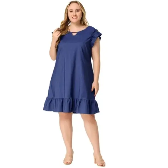 Agnes Orinda Women's Plus Size Ruffle Sleeveless Keyhole Chambray Fashion Dress image {2}