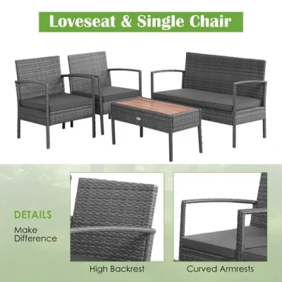 Costway 4PCS Patio Rattan Furniture Set Cushioned Chair Wooden Tabletop Gray image {6}