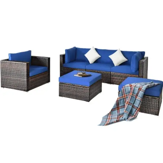 Tangkula 6PCS Rattan Patio Furniture Set Cushioned Sofa Chair Ottoman Turquoise/Red/Navy/Black/White image {7}