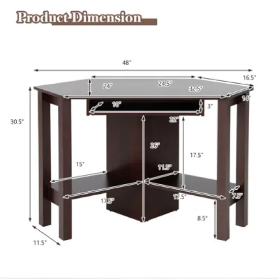 Costway Wooden Corner Desk With Drawer Computer PC Table Study Office Room Brown image {1}