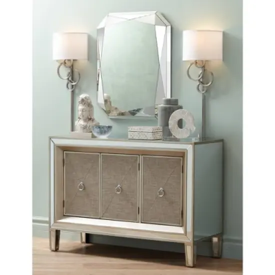 Possini Euro Design Circles Modern Wall Light Sconces Set of 2 Smart Sockets Brushed Nickel Plug-In 12" Fixture Off-White Shades Bedroom image {8}