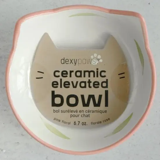 Dexypaws: Elevated Ceramic Cat Bowl, Floral White & Blush Pink, 7oz image {2}