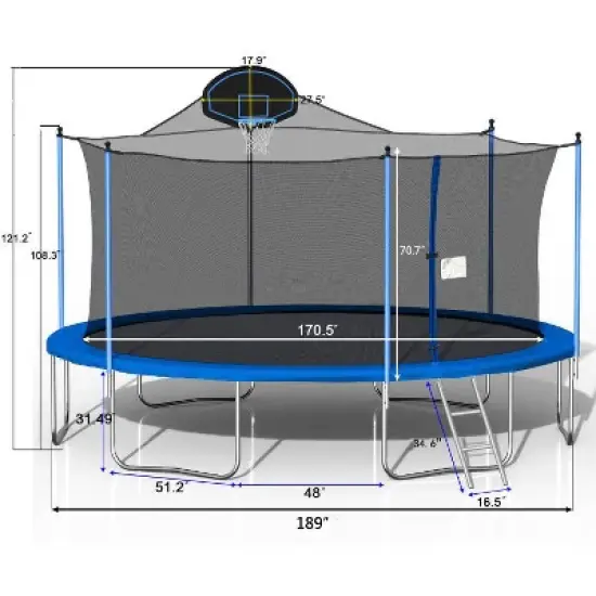 Whisen 16 ft. Trampoline with Basketball Hoop, Outdoor Trampolines w/Ladder and Safety Enclosure Net image {9}
