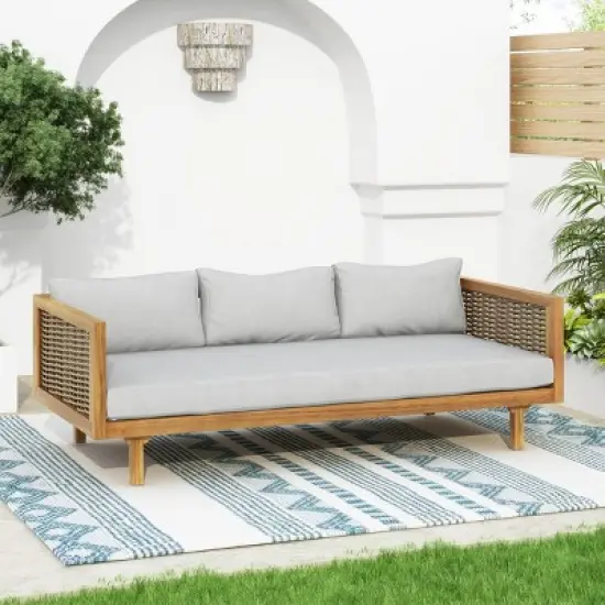 Outdoor 3 Seater Fabric Upholstered Sofa Bed,Acacia Wood Slat Panel Backrest Daybed,Rattan Armrests Patio Chaise Lounges-Coolbibila image {9}