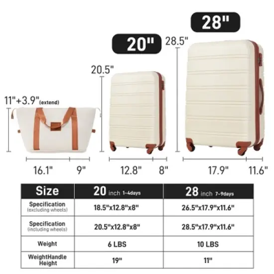 MOEPISY Luggage Sets 2Pcs with Bag Spinner Suitcase with TSA Lock Lightweight 20in and 28in, Brown and White image {4}