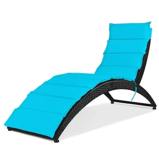 Costway 2PCS Folding Patio Rattan Lounge Chair Chaise Cushioned Portable Lawn Turquoise image {9}