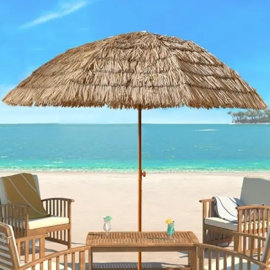 Angel Sar 8' Thatch Patio Tiki Umbrella, Tropical Palapa Straw Beach Umbrella with 8 Ribs & Adjustable Tilt, Hawaiian Style Patio Umbrella image {7}
