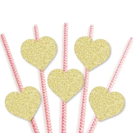 Big Dot of Happiness Gold Glitter Hearts Party Straws - No-Mess Real Gold Glitter Cut-Outs & Decorative Valentine's Day Party Paper Straws - Set of 24 image {2}