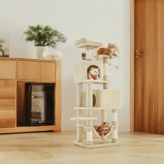 61-Inch Cat Tree Cat Tower for Indoor Cats - Plush Multi-Level Cat Condo with 5 Scratching Posts, 2 Perches, 2 Caves, Hammock, 2 Pompoms image {5}