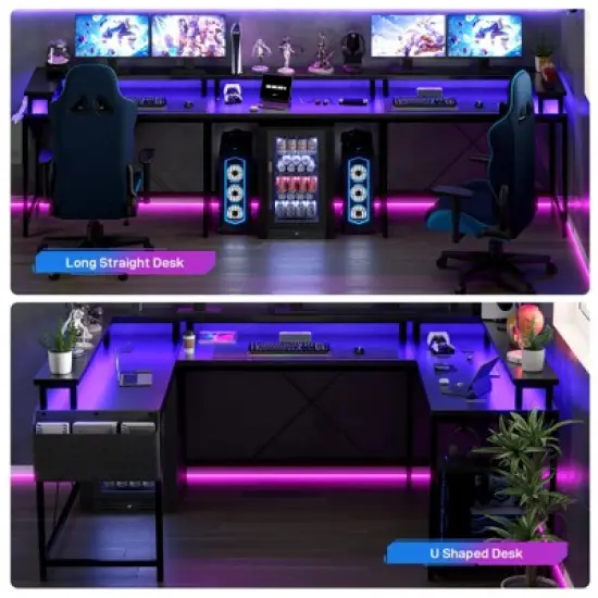 U Shaped Computer Gaming Desk, 79&rsquo;&rsquo; Reversible l Shaped Computer Desk with Power Outlet & LED Strip, Office Desk with Monitor Stand image {7}