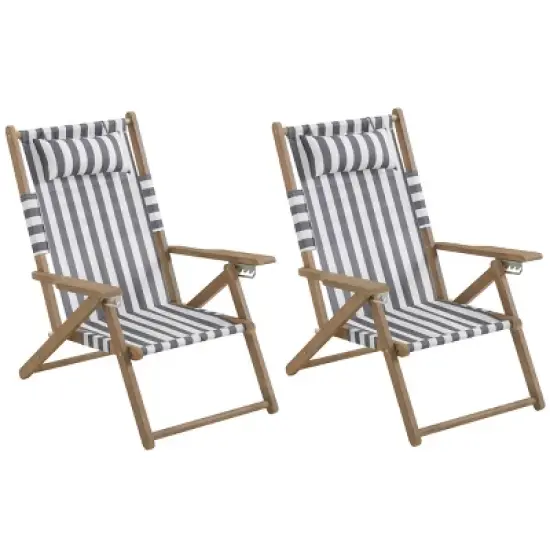 Set of 2 Outdoor Weather-Resistant Wood Folding Beach Chairs with Carry Straps and Reclining Seat by Lavish Homes image {14}