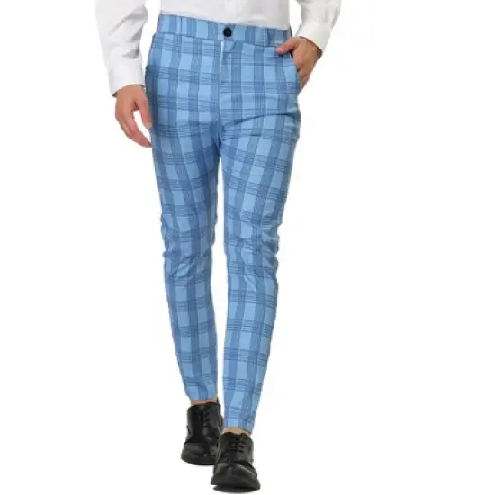Lars Amadeus Men's Color Block Slim Fit Flat Front Plaid Dress Pants image {7}