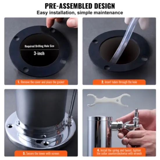 VEVOR Triple Taps Draft Beer Tower Dispenser, Stainless Steel Keg Beer Tower, Kegerator Tower Kit with Pre-Assembled Tubing image {6}