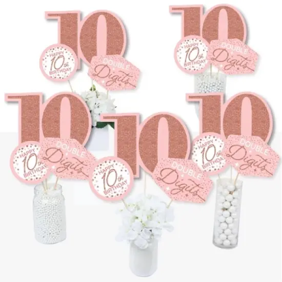 Big Dot of Happiness 10th Pink Rose Gold Birthday - Happy Birthday Party Centerpiece Sticks - Table Toppers - Set of 15 image {1}