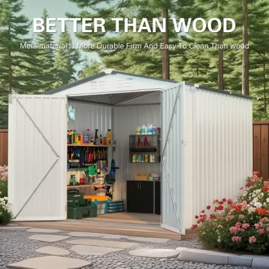 8X6 FT White Metal Outdoor Storage Shed with Window and Lockable Door, All-Weather Gray Gable Roof Garden Tool Shed for Backyard or Lawn &ndash; Cuddlewood image {2}