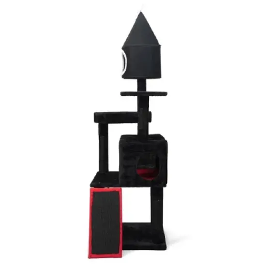 DOMETOUR Gothic Cat Tree with Coffin Bed, 64in Black Cat Tower with Condo, Platform, Sisal Scratching Posts, Perch, Ramp, Toy, Cat House for Indoor image {6}