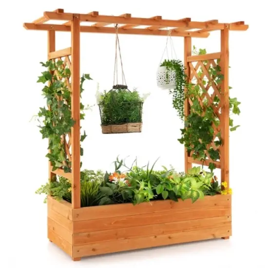 Tangkula Raised Garden Bed Planter Box w/ Side & Top Trellis for Vine Climbing Plants image {9}