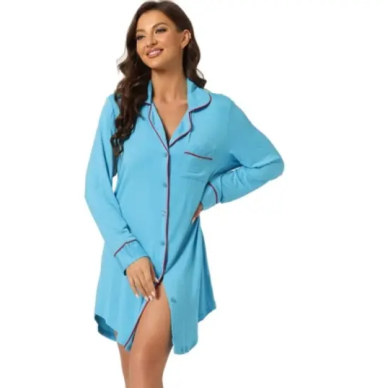 cheibear Women's Long Sleeve Button Down Lounge Dress Nightshirt Sleepwear image {8}