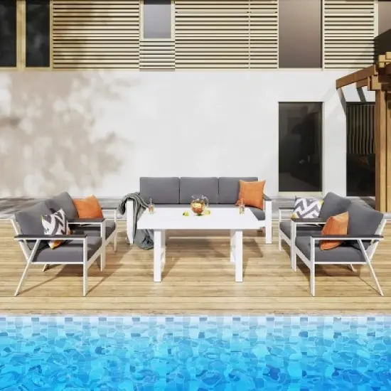 Heynemo 2-Seat Aluminum Outdoor Patio Loveseat Furniture Set With Faux Wooden, Aluminum Sofa Chair Conversation Furniture With Cushions image {8}