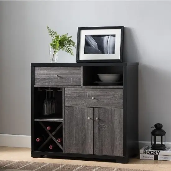 FC Design Two-Tone Buffet Table with Stemware Racks, 2 Drawers, 1 Cabinet, and 4 Wine Slots in Distressed Grey and Black Finish image {1}
