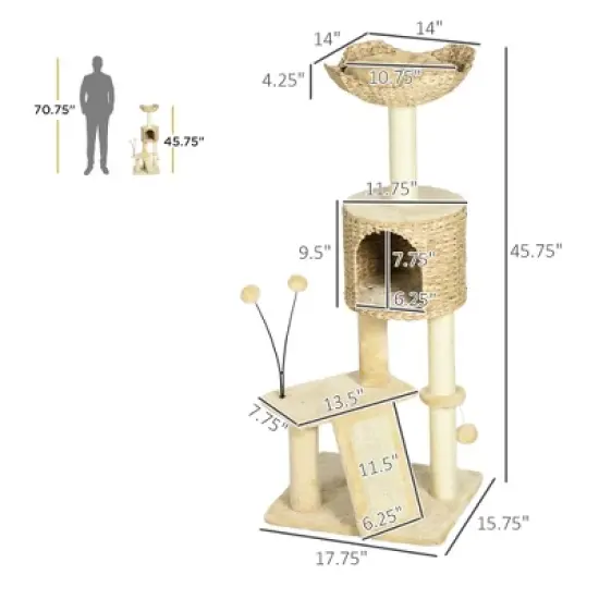Chery Life 45" Cat Tree for Indoor Cats, Cat Tree Tower with Scratching Posts, Ramp, Condo, Toy Balls, Platforms, Bed, Ramp, Beige image {1}