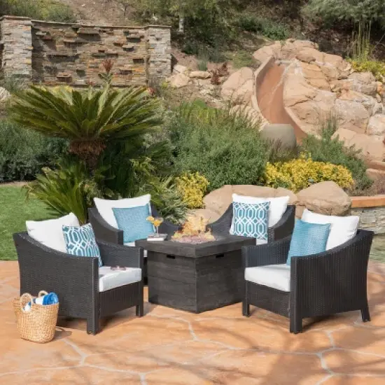 Christopher Knight Home Antibes Outdoor Wicker 5 Piece Club Chair and Fire Pit Set with Cushions image {1}