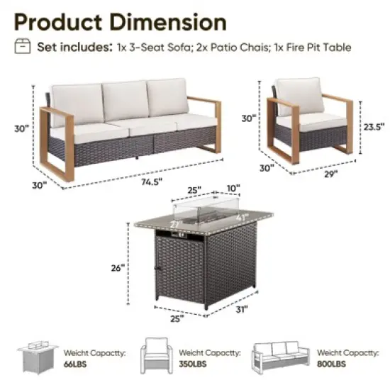 Buenhomino 4 Piece Patio Furniture Set 41in Fire Pit Table Outdoor Furniture Sets Patio Couch Outdoor Chairs 50000 BTU Propane Fire Pit image {2}