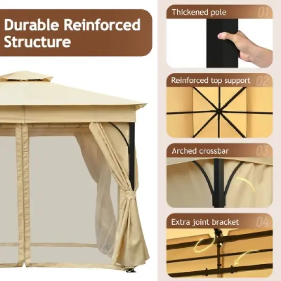 Patio Metal Gazebo with Double Roof and Netting,Outdoor Patio Hardtop Gazebo with Curtains,Patio Canopy for Garden,Deck-Coolbibila image {6}