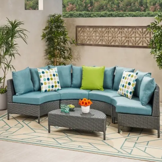 Christopher Knight Home Harper Outdoor Wicker 4 Seater Semi-Circle Sectional Sofa Set with Water-Resistant Cushions image {12}