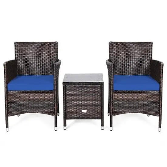 Tangkula 3-Piece Patio Wicker Rattan Furniture Set Conversation Sofa Set with Coffee Table Navy image {4}