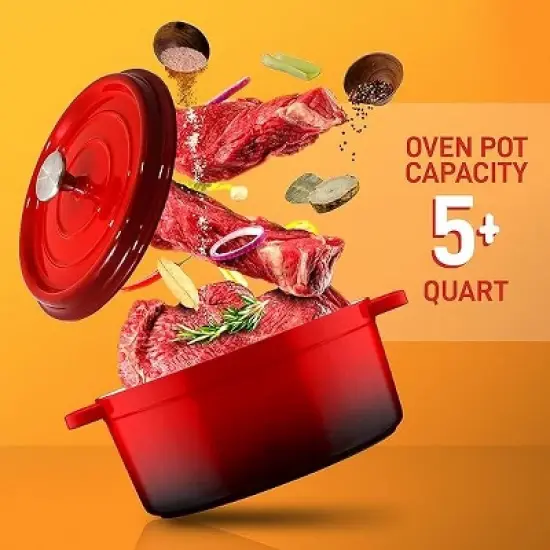 NutriChef 5 Quart Enameled Round Cast Iron Dutch Oven with Self Basting Lid, Red image {2}