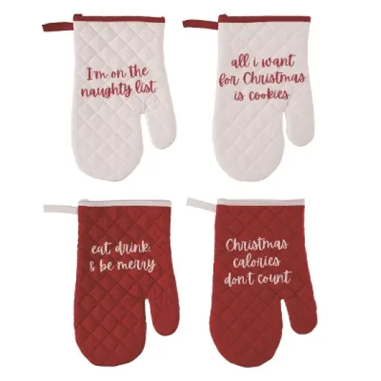 Transpac Fabric Quilted Christmas Oven Mitt Set of 4 Festive Kitchen Textiles for Holiday Home Decorations image {1}